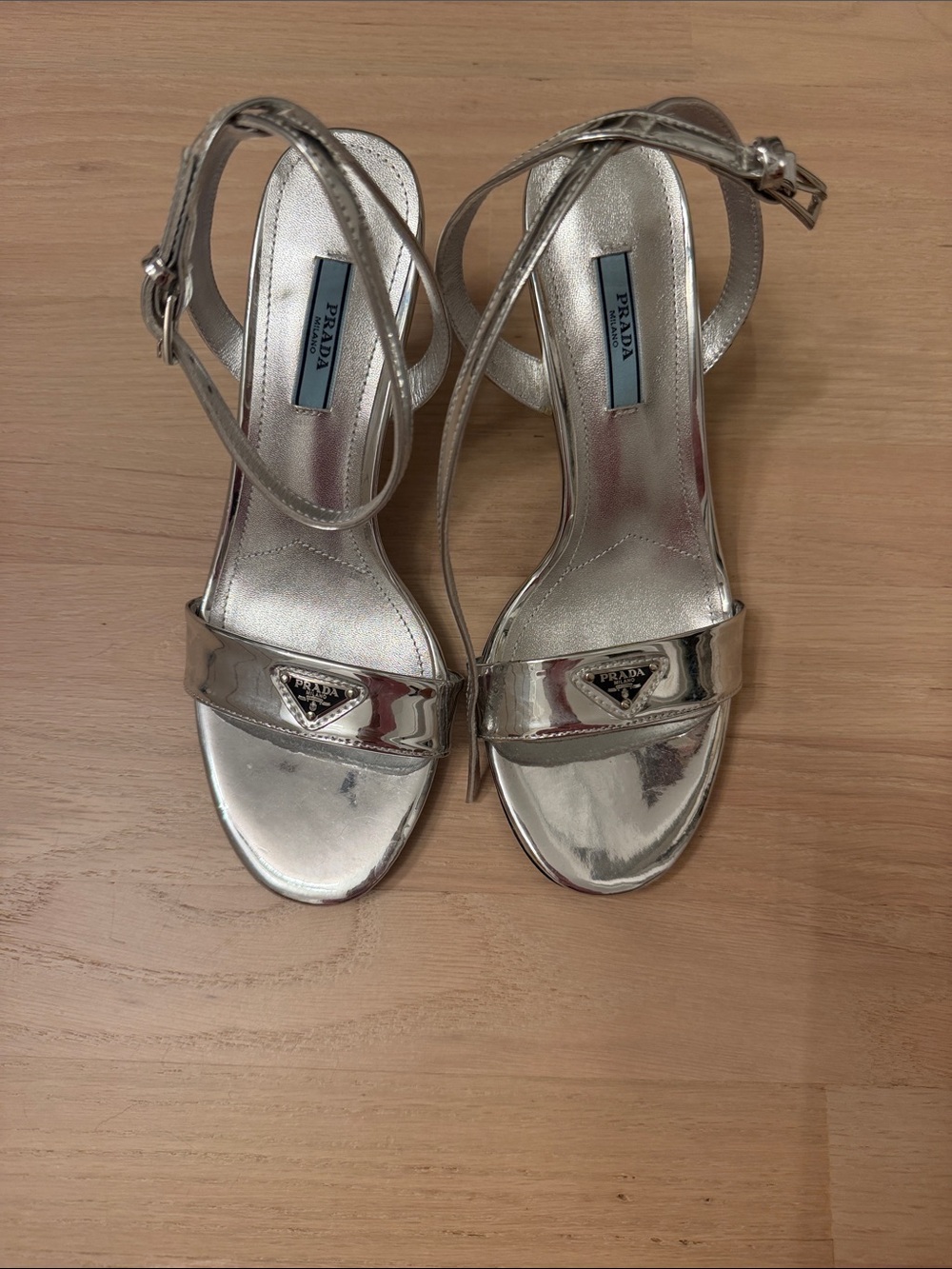 Prada Silver Metallic Ankle-Strap Heels